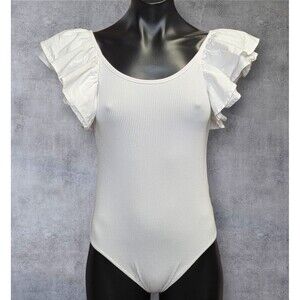 BucketList Bodysuit Womens Medium White Ribbed Ruffle Sleeve Scoop Neck Snap